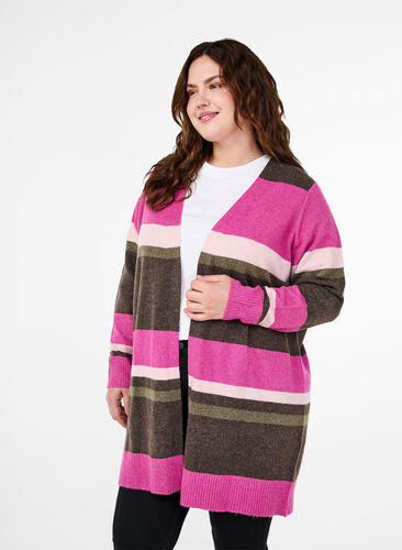 Zizzifashion Long knit cardigan with wide stripes, Fuchsia Red Mel.Comb, Model image number 0