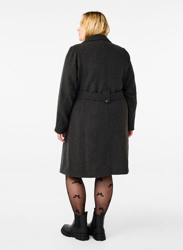 Zizzifashion Long wool coat with belt, Dark Grey Melange, Model image number 1