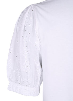 Zizzifashion Organic cotton blouse with broderie anglaise sleeves, Bright White, Packshot image number 3