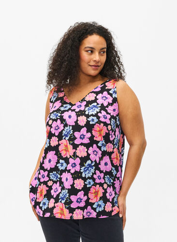 Zizzifashion Floral top with v-neck, Black Big Flower AOP, Model image number 0