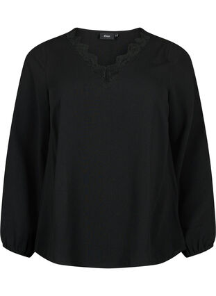 Zizzifashion V-neck blouse with lace trim, Black, Packshot image number 0