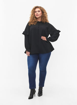 Zizzifashion Blouse with ruffles and buttons, Black, Model image number 2
