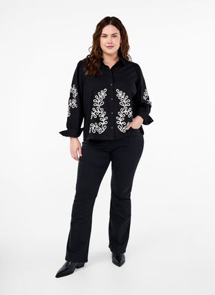 Zizzifashion Loose cotton shirt with embroidery, Black, Model image number 2