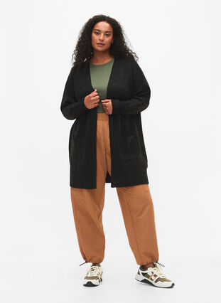 Zizzifashion Ribbed Knit Cardigan with Pockets, Dark Grey Melange, Model image number 2