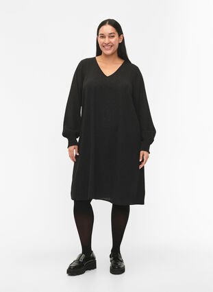 Zizzifashion FLASH - Long sleeve dress with glitter, Black w. Silver , Model image number 2