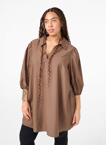 Zizzifashion Viscose tunic with V-neck and collar, Chocolate Chip, Model image number 0