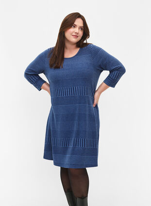 Zizzifashion Dress with 3/4 sleeves and striped pattern, Estate Blue Melange, Model image number 2