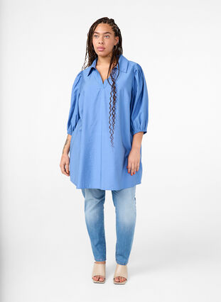 Zizzifashion Viscose tunic with V-neck and collar, Riverside, Model image number 2