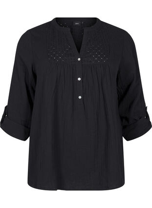 Zizzifashion Cotton blouse with broderie anglaise and 3/4 sleeves, Black, Packshot image number 0