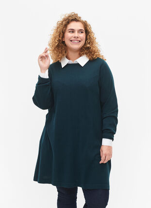 Zizzifashion Knitted dress in cotton-viscose blend, Reflecting Pond Mel., Model image number 0