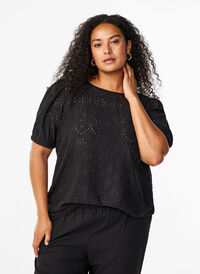 Short-sleeved blouse with lace pattern, Black, Model