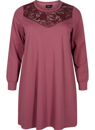 Zizzifashion Short sweat dress with lace detail, Rose Brown, Packshot image number 0