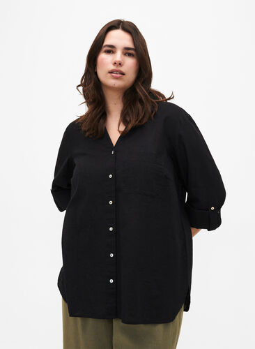 Zizzifashion Shirt blouse with button closure in cotton-linen blend, Black, Model image number 0