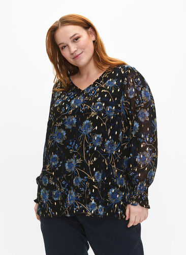 Zizzifashion Floral blouse with long sleeves and v neck, Black Blue Flower , Model image number 0