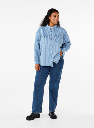 Zizzifashion Solid-colored denim shirt with chest pockets, Light B.Denim Stripe, Model image number 4