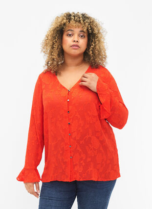 Zizzifashion Long-sleeved shirt with jacquard look, Orange.com, Model image number 0