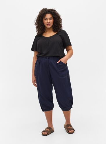 Zizzifashion Loose cropped trousers in cotton, Night Sky, Model image number 0