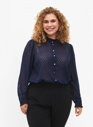 Zizzifashion Shirt blouse with ruffles and patterned texture, Navy Blazer, Model image number 0