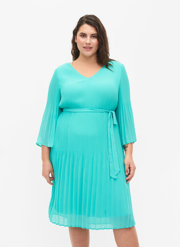 Zizzifashion Pleated dress with 3/4 sleeves, Turquoise, Model image number 0