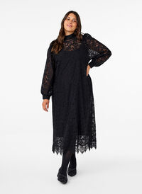 Long-sleeved lace dress with high neck, Black, Model