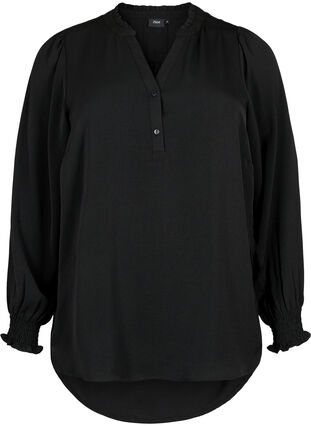 Smocked blouse with a v-neckline, Black, Packshot image number 0