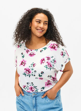 Zizzifashion Floral viscose blouse with short sleeves, White Pink AOP, Model image number 0