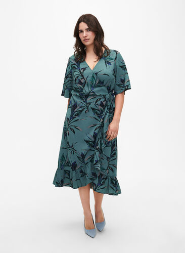 Zizzifashion Printed wrap dress with short sleeves , Sea Pine Leaf AOP, Model image number 0