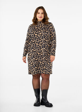 Zizzifashion FLASH - Long sleeve dress with turtleneck, Leopard Print, Model image number 2