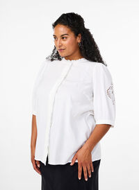 Shirt blouse with ruffles and broderie anglaise, Bright White, Model