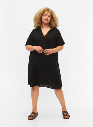 Zizzifashion Cotton blend hooded dress with linen, Black, Model image number 2