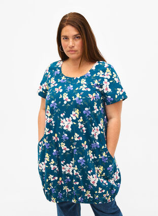 Zizzifashion Short-sleeved, printed cotton dress, Legion Blue, Model image number 0