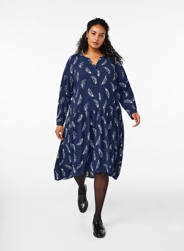 Zizzifashion Midi dress with long sleeves, Navy B. Feather AOP, Model image number 0