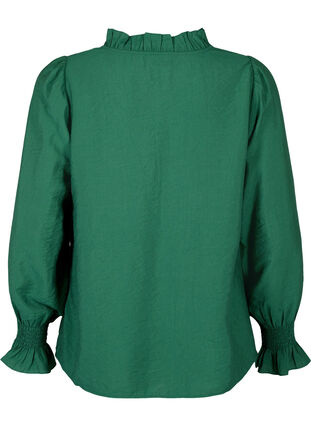 Zizzifashion Long-sleeved viscose blouse with ruffle details, Hunter Green, Packshot image number 1