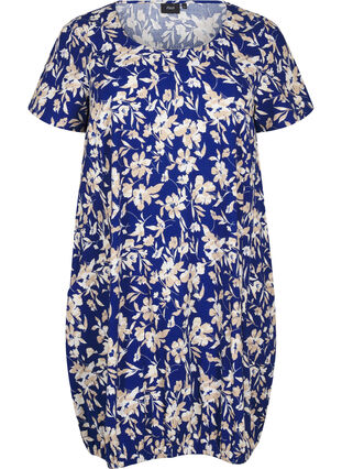 Zizzifashion Short-sleeved cotton dress with floral print, Blue W. Beige Flower, Packshot image number 0