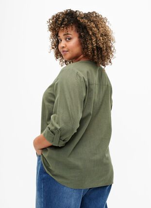 Zizzifashion Shirt blouse in cotton with a v-neck, Thyme, Model image number 1
