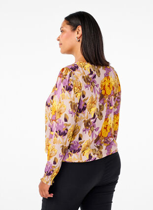 Zizzifashion Smock blouse with floral print, Purple Flower, Model image number 1