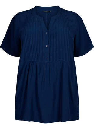 Zizzifashion Viscose blouse with short sleeves and pleats, Navy Blazer, Packshot image number 0
