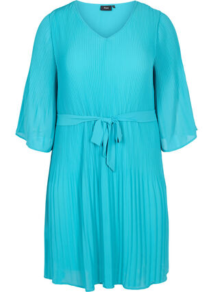 Zizzifashion Pleated dress with 3/4 sleeves, Turquoise, Packshot image number 0