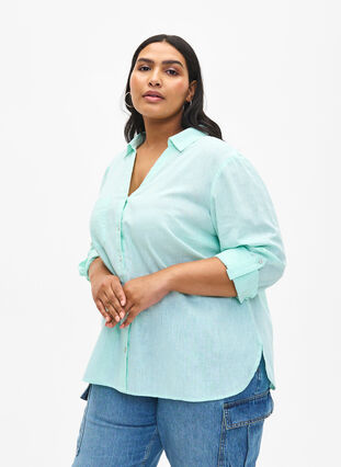 Zizzifashion Shirt blouse with button closure in cotton-linen blend, Brook Green, Model image number 0