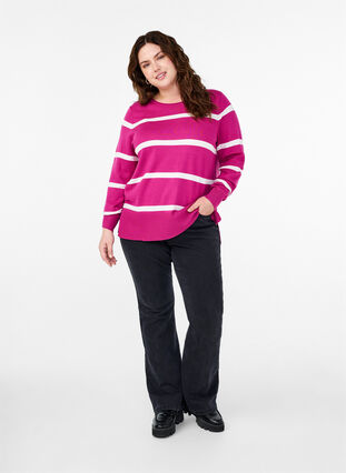 Zizzifashion Knitted viscose blouse with stripes, Fuchsia Red Comb, Model image number 2