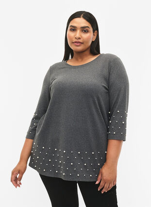 Zizzifashion Blouse with pearls and 3/4 sleeves, Dark Grey Melange, Model image number 0