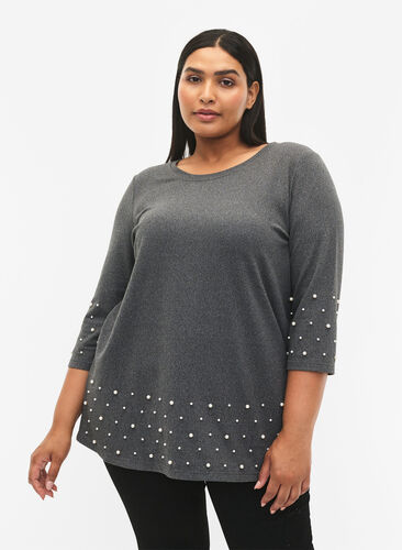 Zizzifashion Blouse with pearls and 3/4 sleeves, Dark Grey Melange, Model image number 0