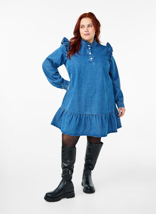 Zizzifashion Denim dress with ruffles and A-cut, Blue Denim, Model image number 2