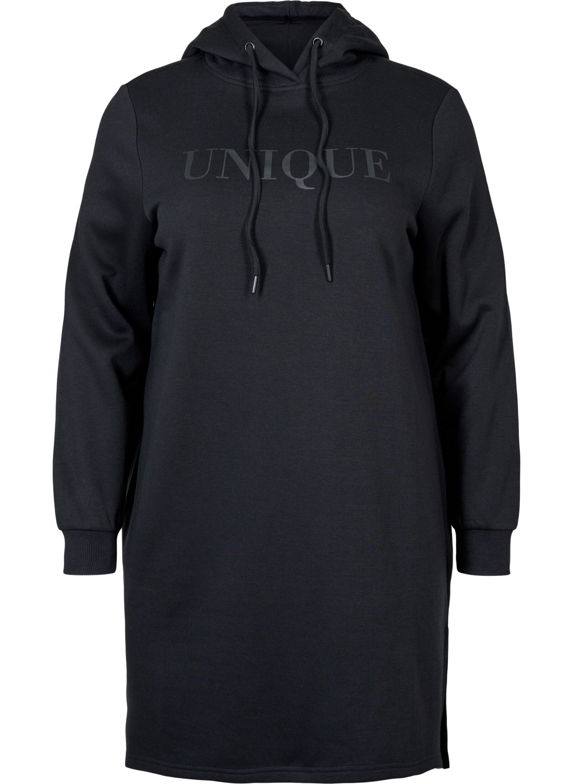 Sweatshirt dress with hood and slit - Black - Sz. 42-60 - Zizzifashion