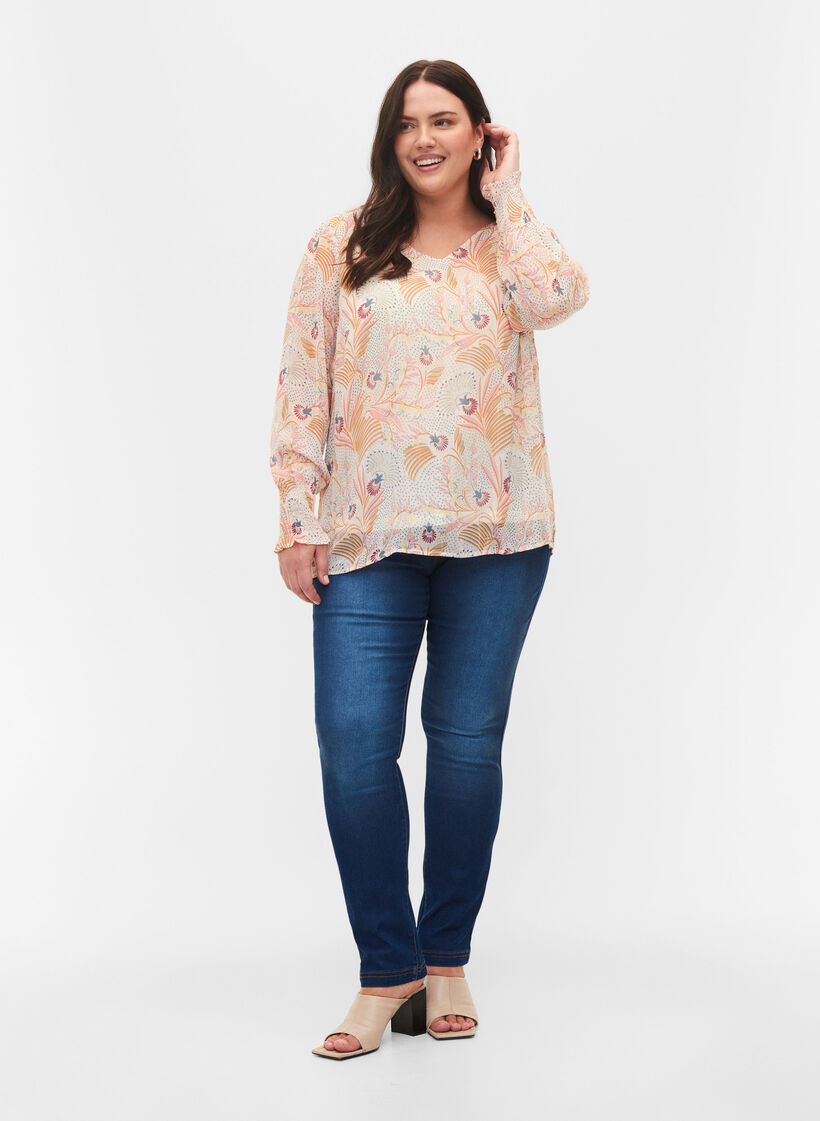 Floral blouse with long sleeves and v neck - Beige - Sz. 42-60 -  Zizzifashion