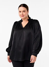 Long-sleeved blouse with ruffles and v-neck, Black, Model