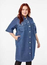 Pinstripe denim dress with chest pockets, Blue Denim Stripe, Model