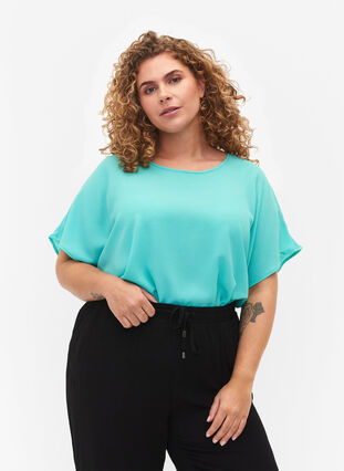 Zizzifashion Blouse with short sleeves and a round neckline, Turquoise, Model image number 0