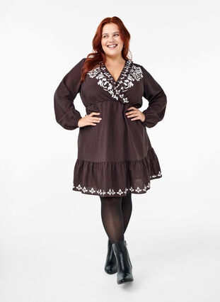 Zizzifashion Long-sleeved viscose dress with print, Seal Brown, Model image number 2