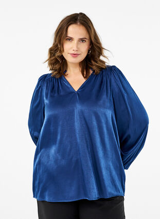 Zizzifashion Long-sleeved blouse with ruffles and v-neck, Estate Blue, Model image number 0